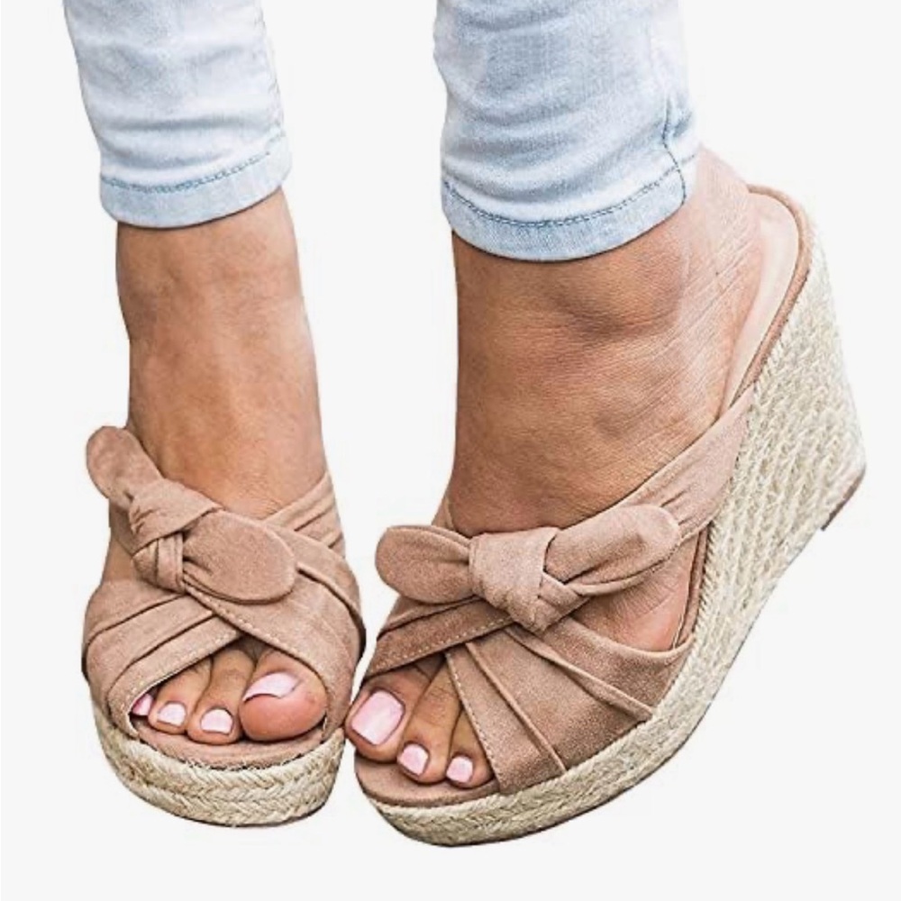 Fashare Beige Faux Suede Bow Wedge Slide Sandals Comfort Slip On Casual
